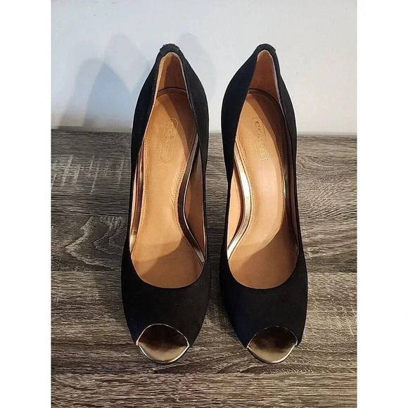 Coach Selma Suede Peep Toe Platform Heels Black Stiletto 4" Sz 7.5 B - Picture 2 of 13